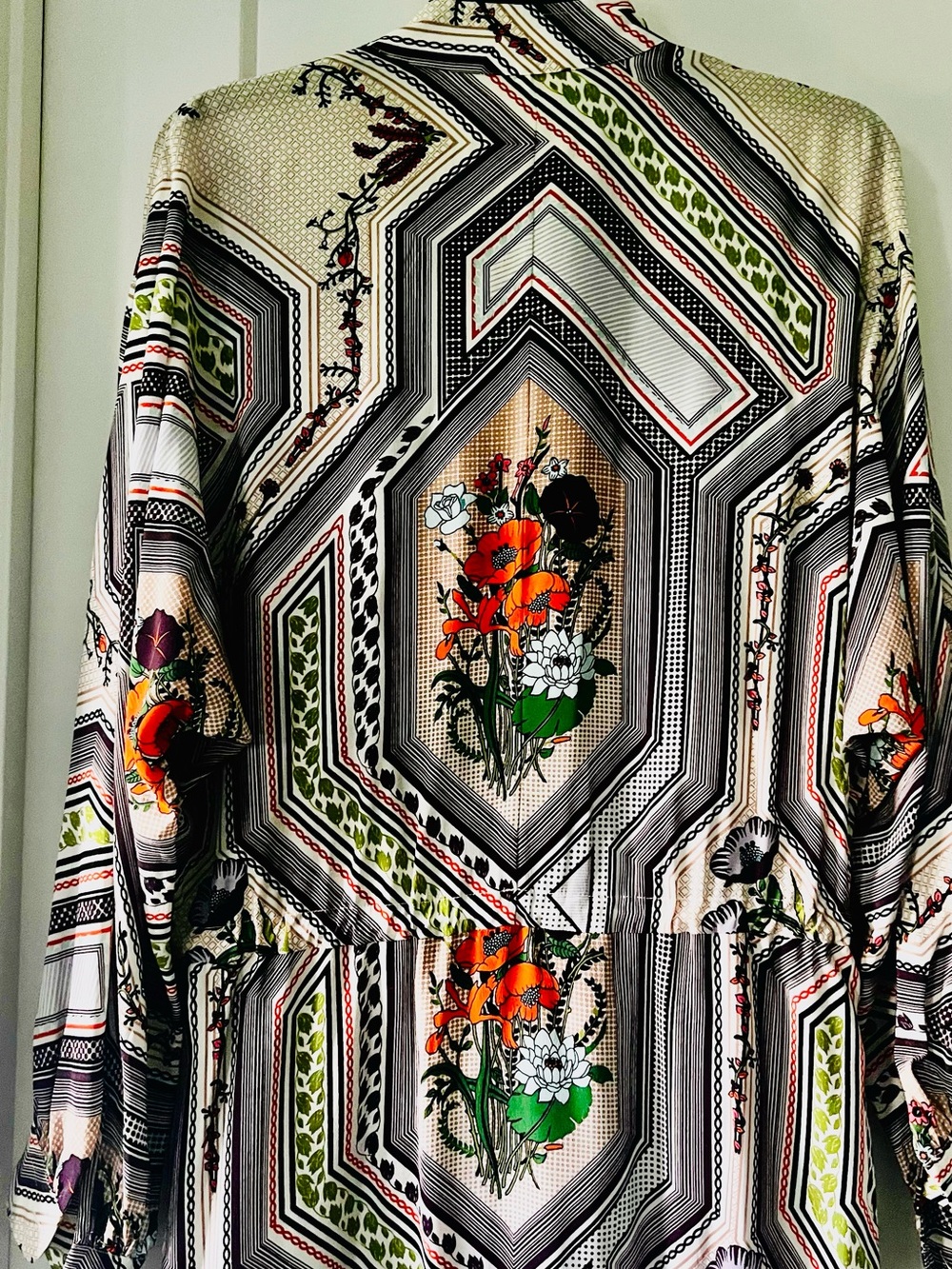 Tory Burch Geometric Floral Long-Sleeve Dress in Beige, Green and Red - Picture 4 of 4